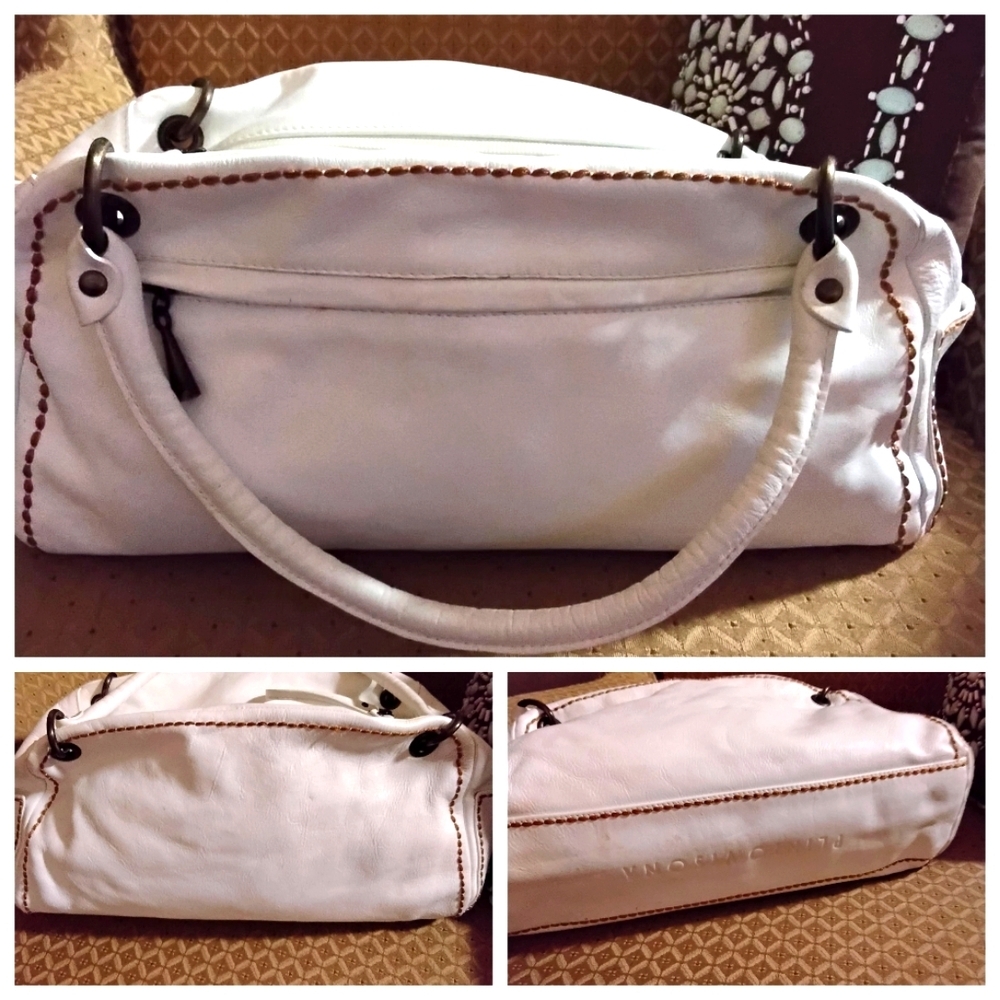 Plinio Visona White Satchel with Brown Stitching